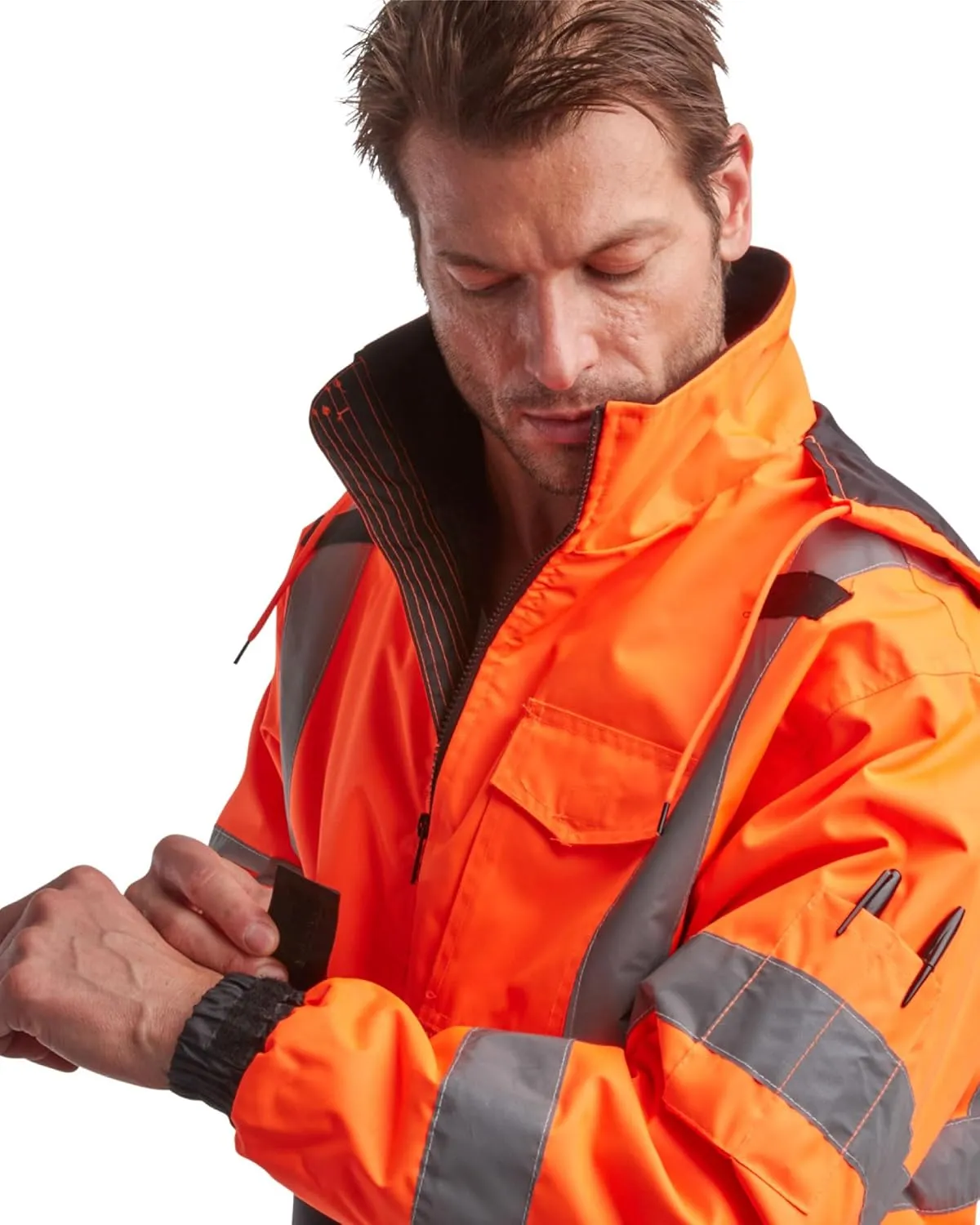 Bass Creek Outfitters Men's High Visibility Safety Jacket - Heavy Duty Waterproof Workwear with Packable Hood (Sizes: M-XXL)