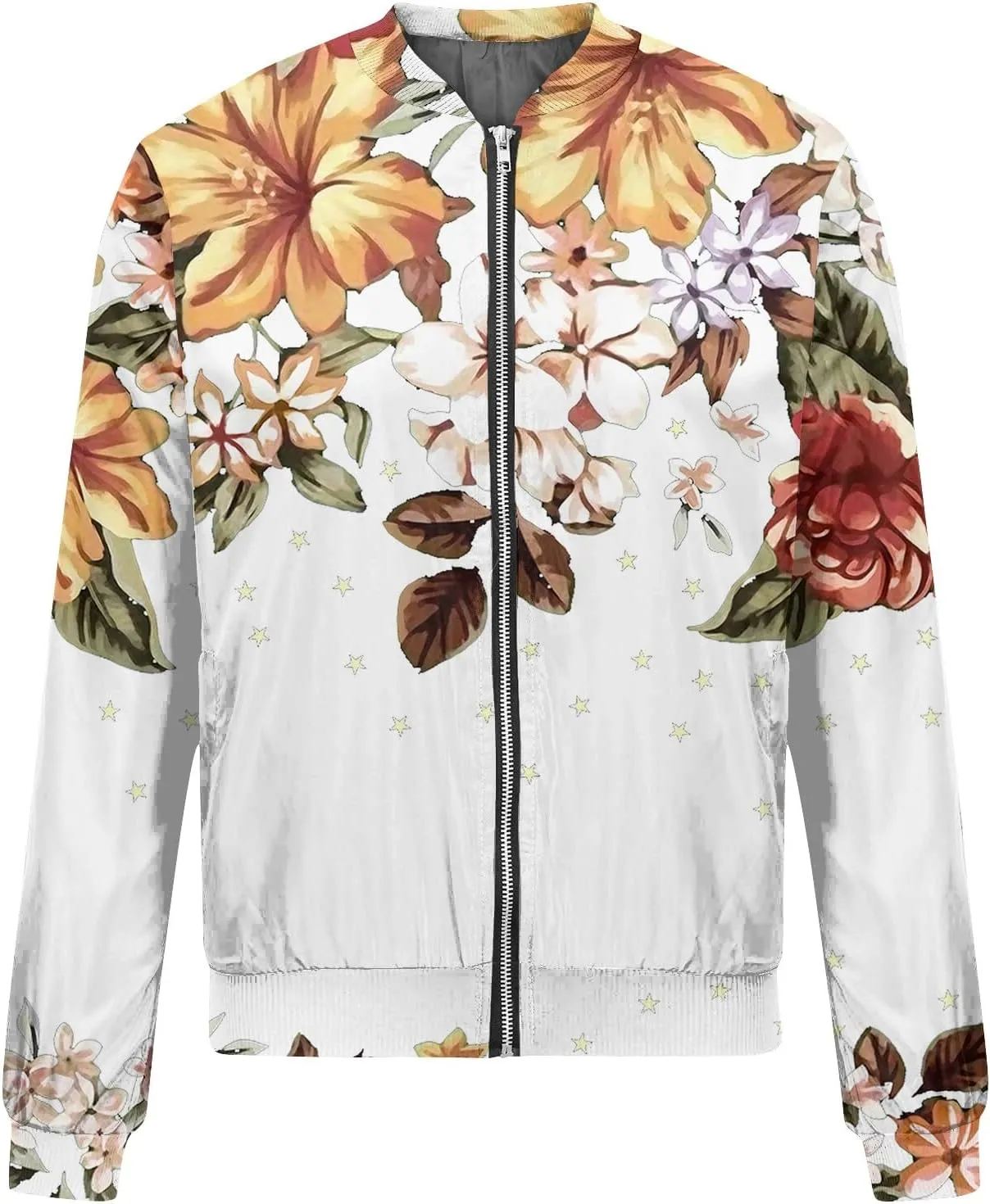 Bomber Jacket Women 2024 Casual Floral Lightweight Oversized Windbreaker Trendy Zip Up Coat Outwear with Pockets