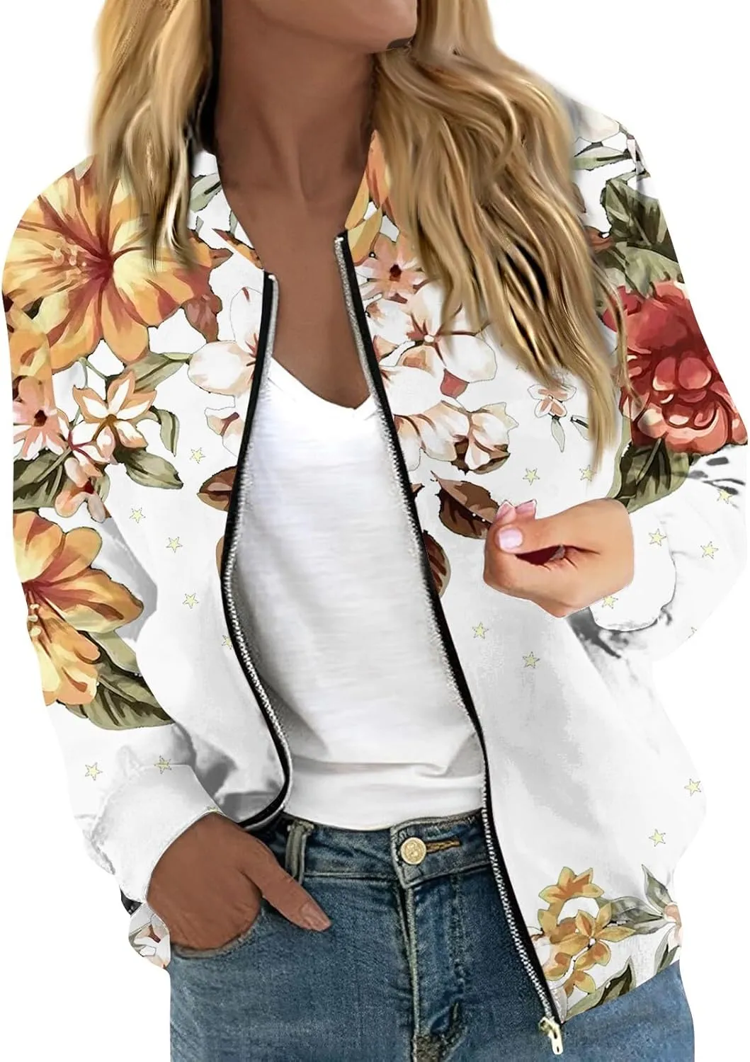 Bomber Jacket Women 2024 Casual Floral Lightweight Oversized Windbreaker Trendy Zip Up Coat Outwear with Pockets