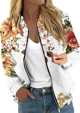 Bomber Jacket Women 2024 Casual Floral Lightweight Oversized Windbreaker Trendy Zip Up Coat Outwear with Pockets