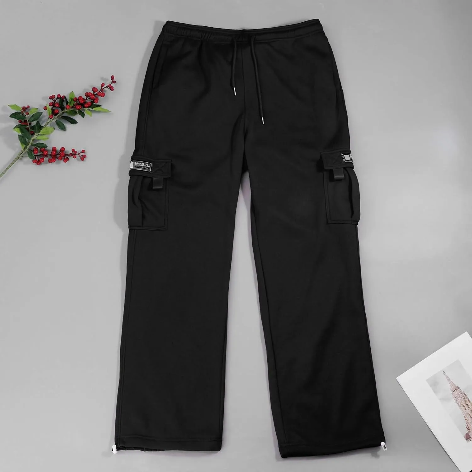 Cargo Sweatpants for Men Fleece Plus Size Hiking Joggers with Pockets Casual Open Bottom Baggy Athletic Pants