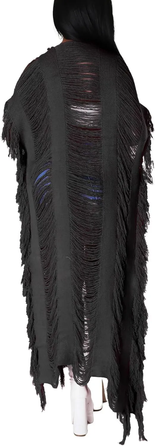 CHARTOU Women's Lightweight Knit Hollow Out Tassel Fringe Open Front Cardigan Maxi Long Sweater Coat