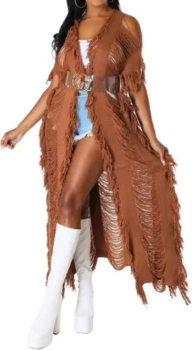 CHARTOU Women's Lightweight Knit Hollow Out Tassel Fringe Open Front Cardigan Maxi Long Sweater Coat