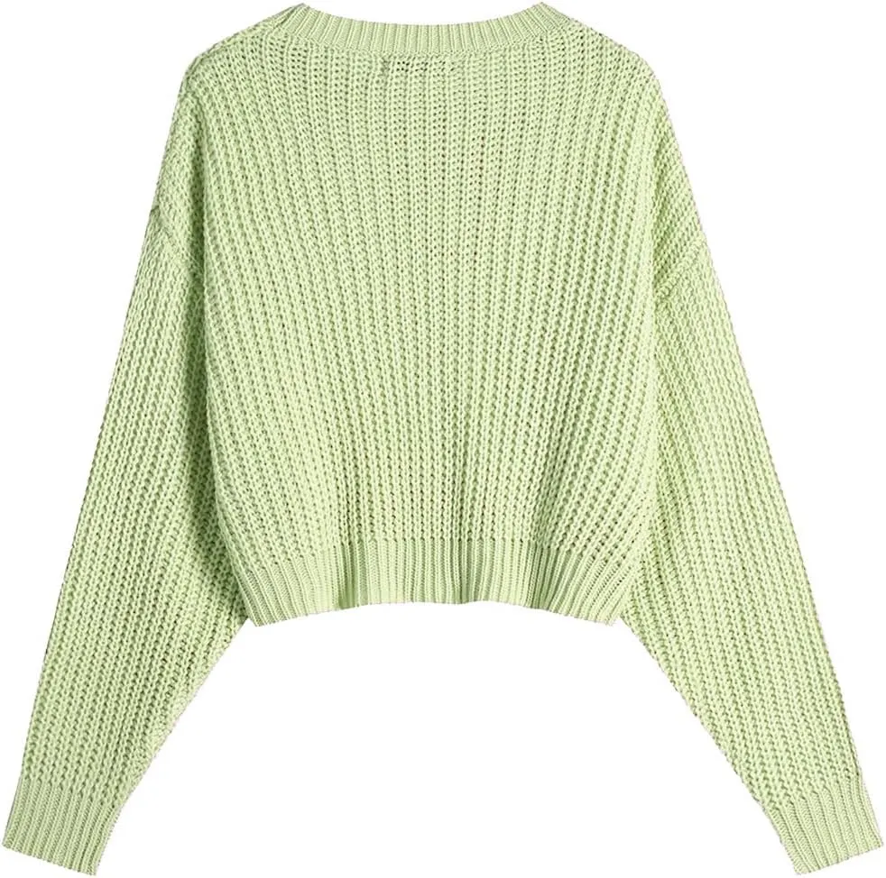 Ckikiou Spring Fall Crew Neck Batwing Cute Cropped Sweater for Women Sexy Lightweight Soft Knitted Short Pullover Jumper