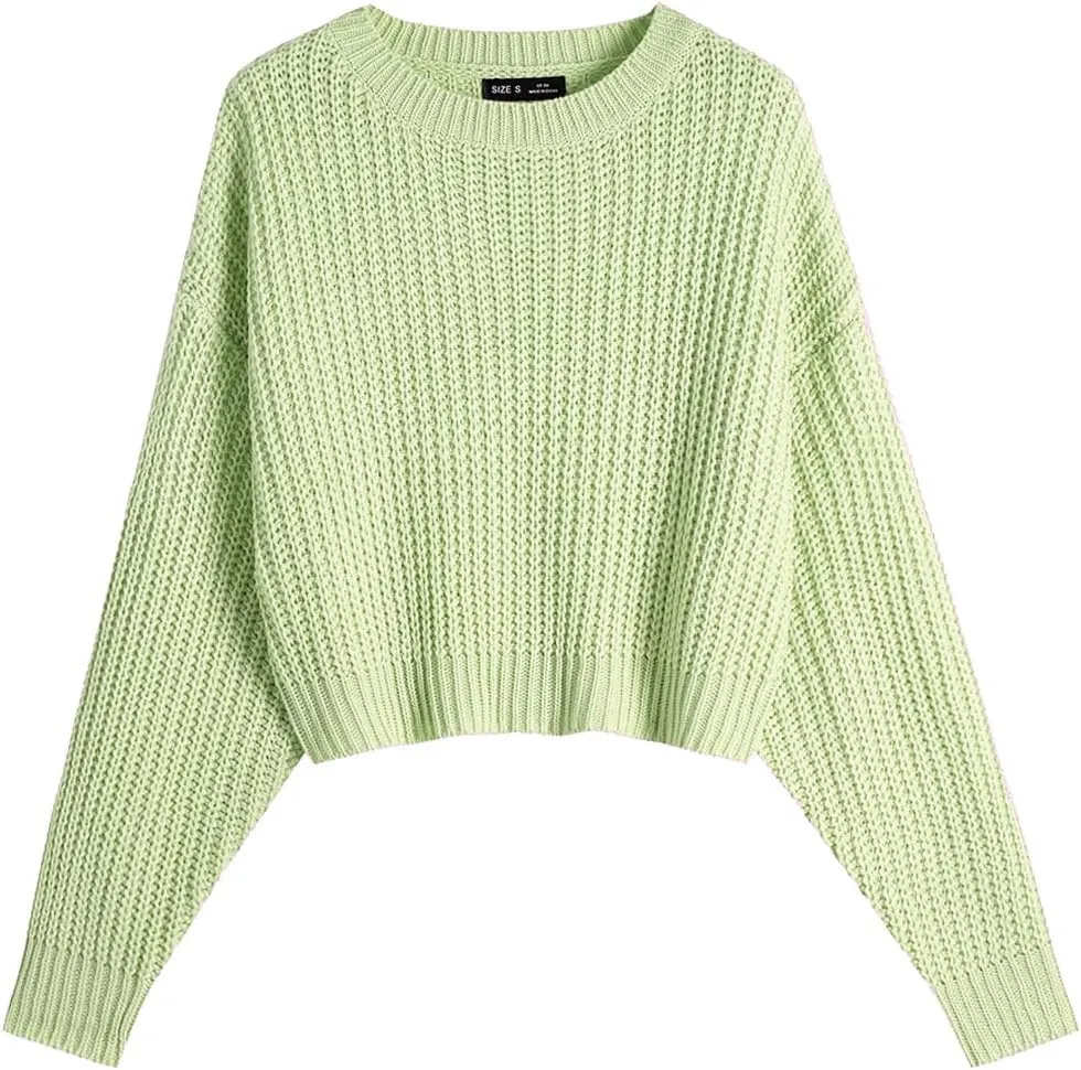 Ckikiou Spring Fall Crew Neck Batwing Cute Cropped Sweater for Women Sexy Lightweight Soft Knitted Short Pullover Jumper