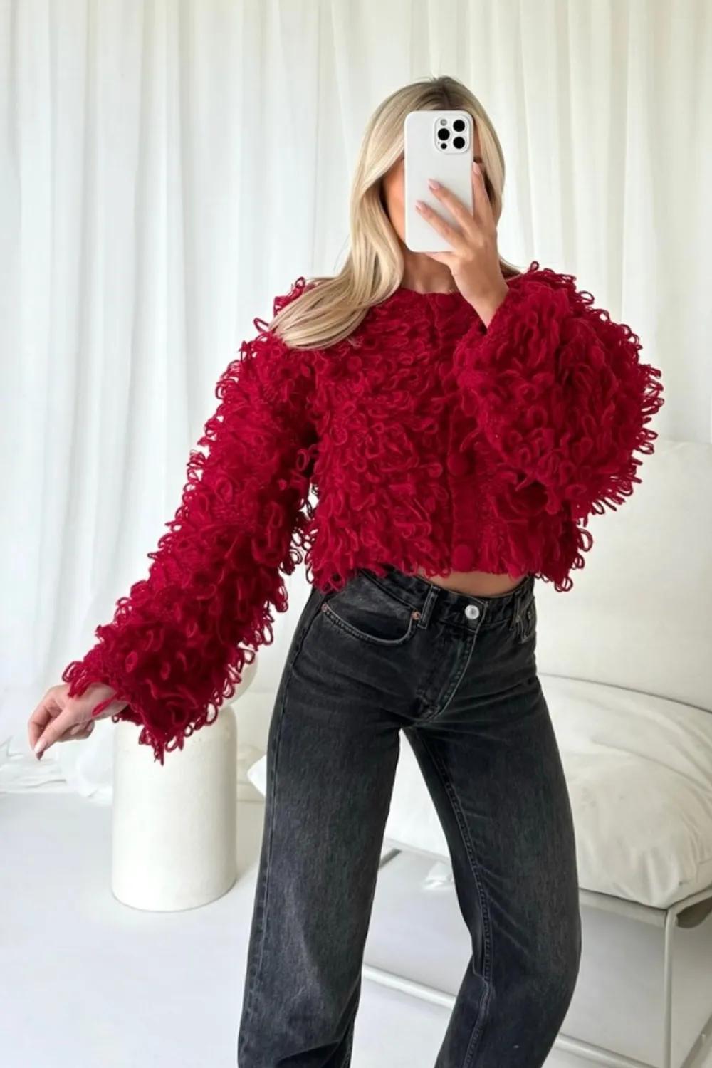 Daisy red shaggy knit cardigan