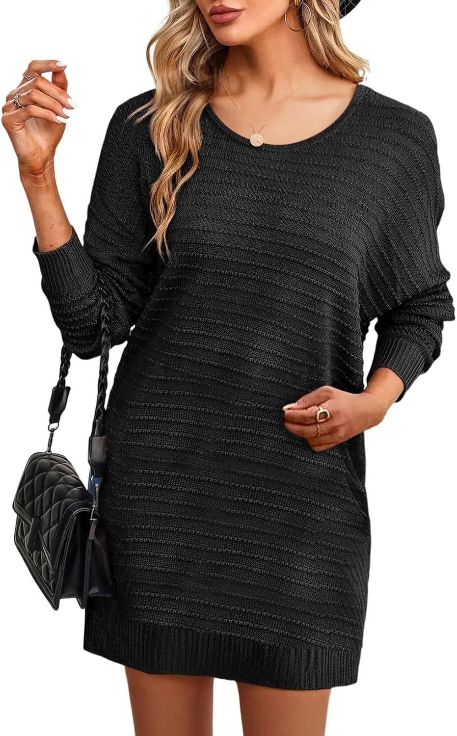 Dokotoo Womens Sweater Dresses 2024 Trendy Casual Crew Neck Long Sleeve Textured Pullover Knit Dress