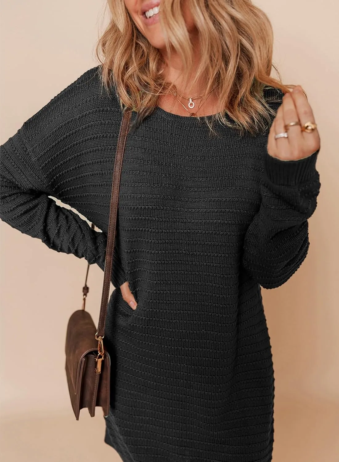 Dokotoo Womens Sweater Dresses 2024 Trendy Casual Crew Neck Long Sleeve Textured Pullover Knit Dress