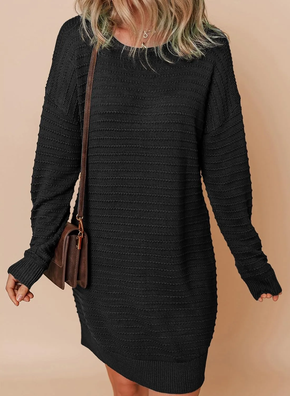Dokotoo Womens Sweater Dresses 2024 Trendy Casual Crew Neck Long Sleeve Textured Pullover Knit Dress