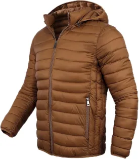 Down Jacket Men Puffer Jacket Lightweight Down Jacket Full Zip Hoodie Winter Coat, Brown 2XL