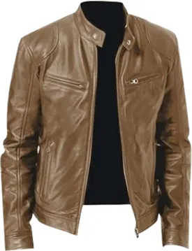 DuDubaby Men Vintage Cool Jacket Leather Long Sleeve Autumn Winter Stand Collar Club Coat