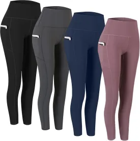 Fengbay 4 Pack High Waist Yoga Pants, Pocket Yoga Pants Tummy Control Workout Leggings 4 Way Stretch Leggings with Pockets