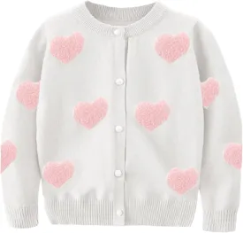 Girl's Knit Cardigan Long Sleeve Winter Heart Colorful Rainbow Button Up Sweater Coat for Kids Girl 2-7 Years