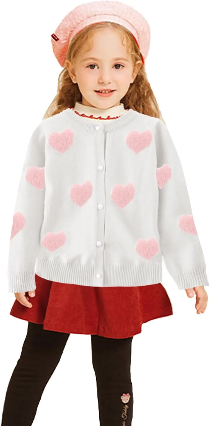 Girl's Knit Cardigan Long Sleeve Winter Heart Colorful Rainbow Button Up Sweater Coat for Kids Girl 2-7 Years