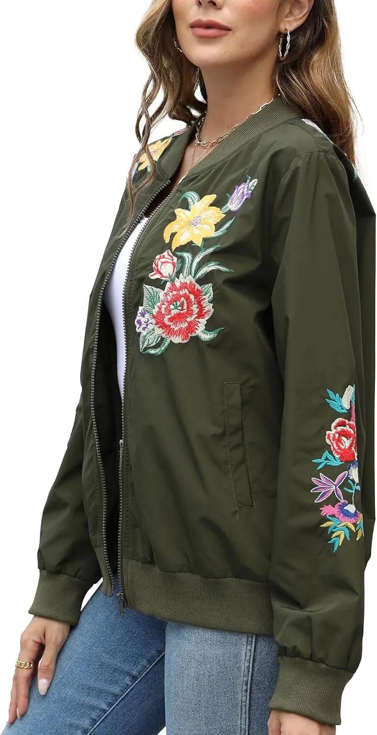 Grosy Boho Embroidered Bomber Jacket Women Fashion Floral Windbreaker Mexican Lightweight Zip Cropped Coat Fall Winter