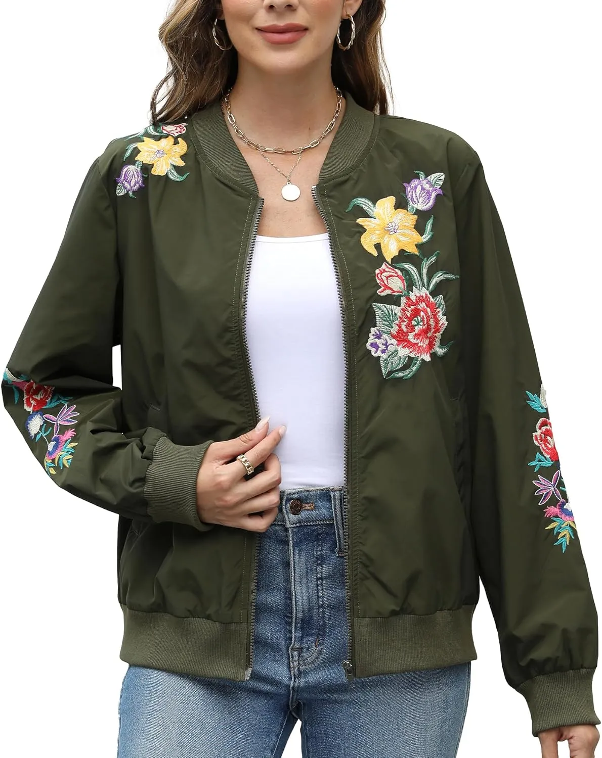 Grosy Boho Embroidered Bomber Jacket Women Fashion Floral Windbreaker Mexican Lightweight Zip Cropped Coat Fall Winter