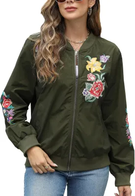 Grosy Boho Embroidered Bomber Jacket Women Fashion Floral Windbreaker Mexican Lightweight Zip Cropped Coat Fall Winter