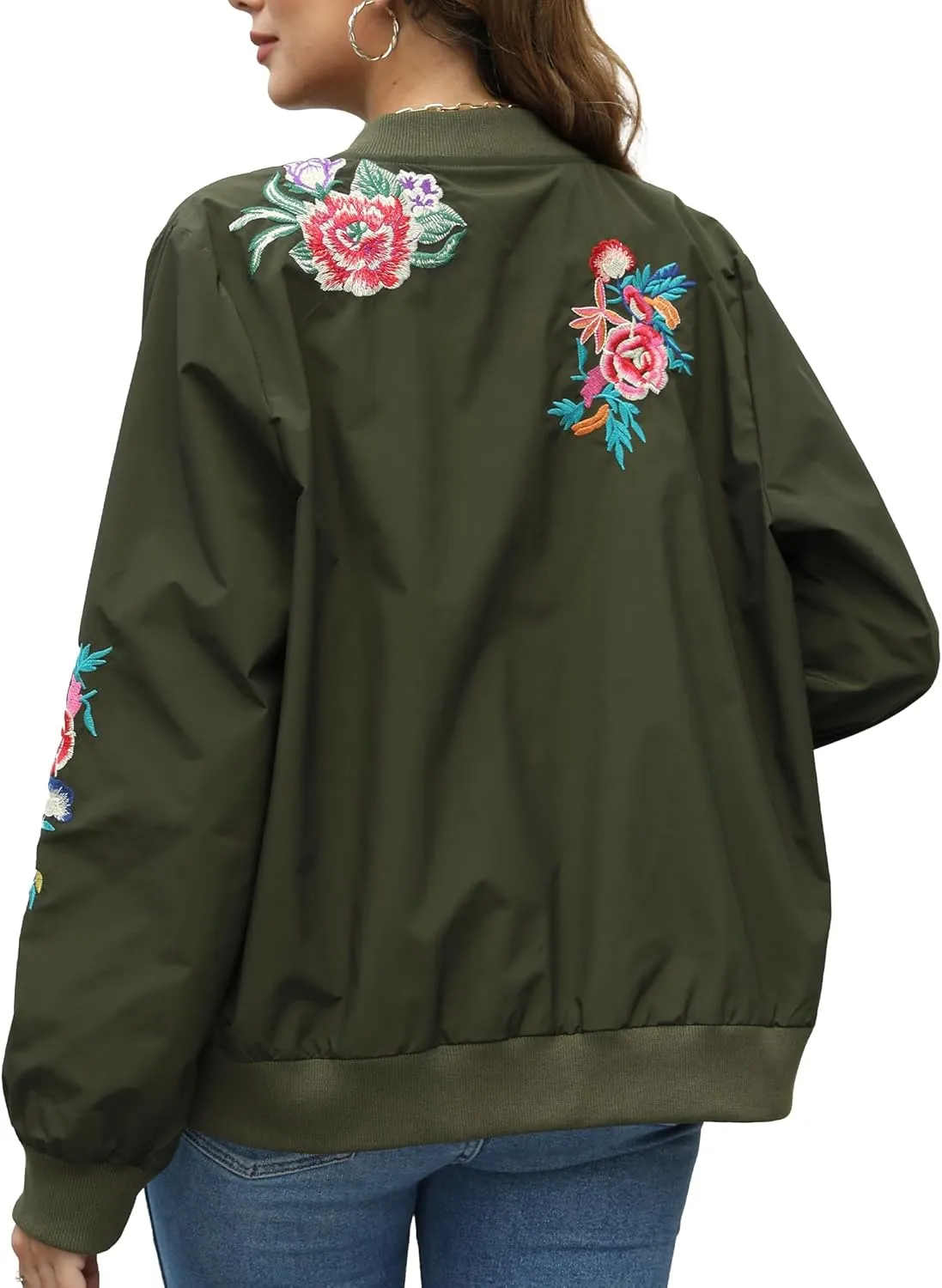 Grosy Boho Embroidered Bomber Jacket Women Fashion Floral Windbreaker Mexican Lightweight Zip Cropped Coat Fall Winter
