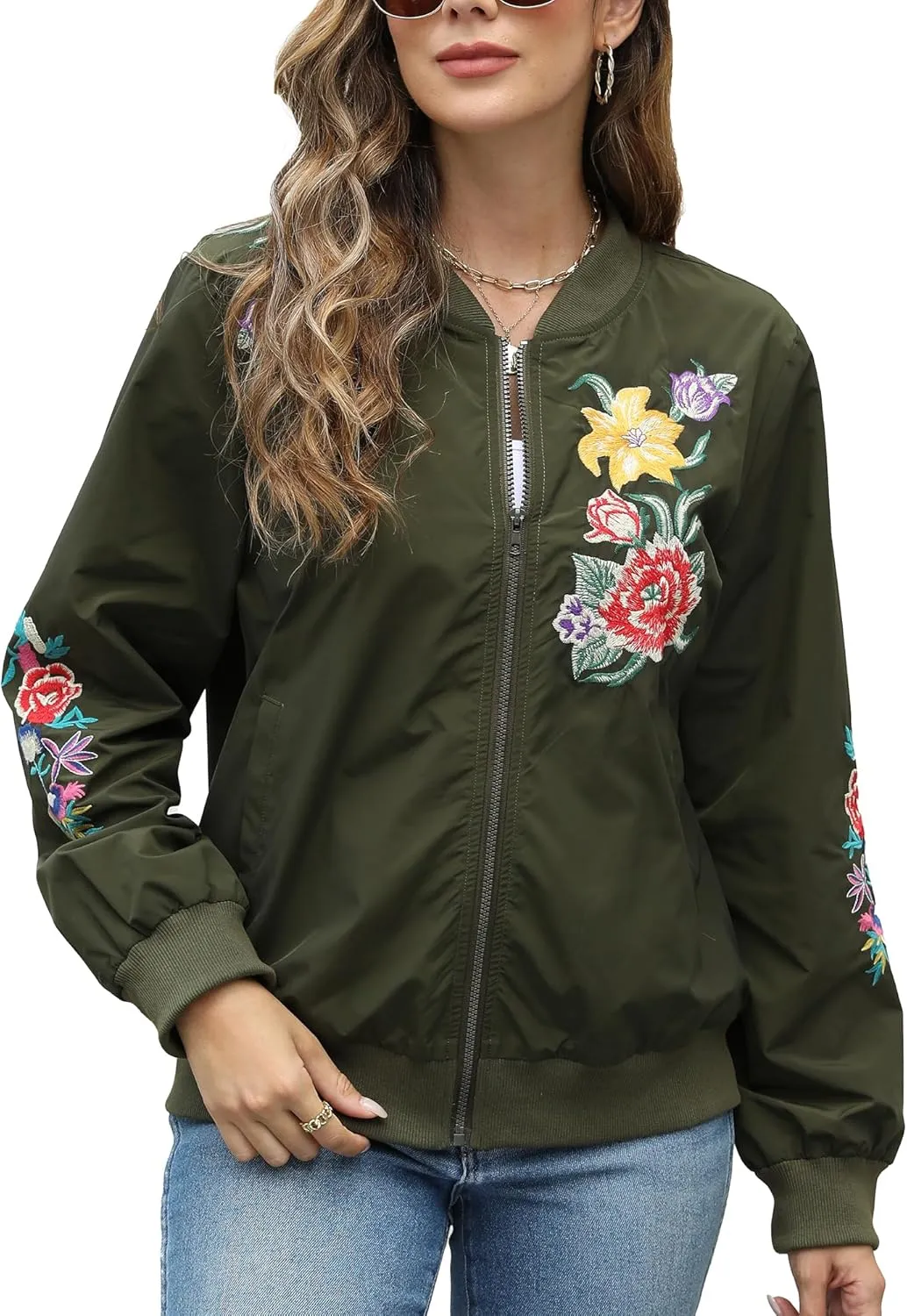 Grosy Boho Embroidered Bomber Jacket Women Fashion Floral Windbreaker Mexican Lightweight Zip Cropped Coat Fall Winter