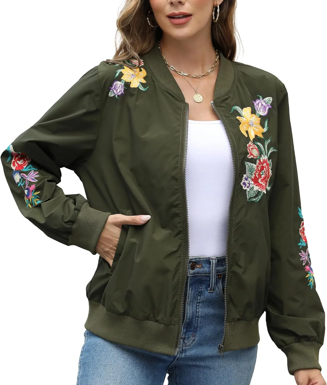 Grosy Boho Embroidered Bomber Jacket Women Fashion Floral Windbreaker Mexican Lightweight Zip Cropped Coat Fall Winter