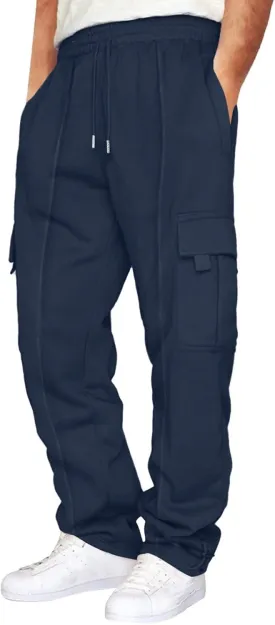 Heavyweight Cargo Sweatpants for Men Casual Fleece Jogger Sports Hiking Pants Drawstring Trousers with Pockets