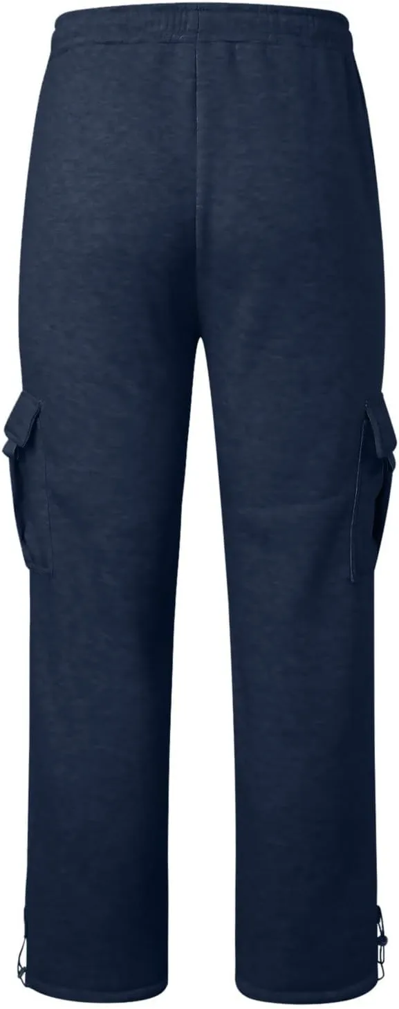 Heavyweight Cargo Sweatpants for Men Casual Fleece Jogger Sports Hiking Pants Drawstring Trousers with Pockets