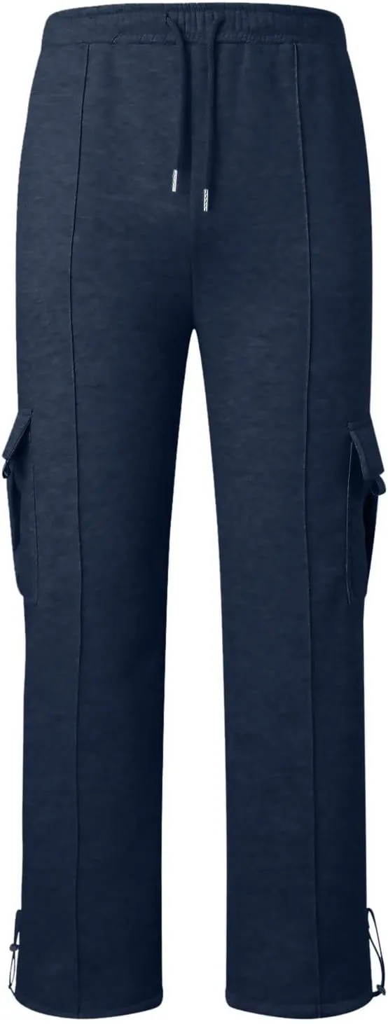Heavyweight Cargo Sweatpants for Men Casual Fleece Jogger Sports Hiking Pants Drawstring Trousers with Pockets