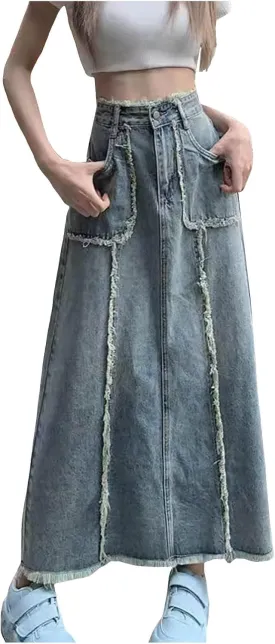 Long Denim Skirts for Women High Waist Denim Maxi Skirt Flared Jean Skirt Pencil Jean Skirts Y2k with Pockets