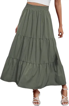 Long Skirts for Women Boho Flowy Maxi Skirt Summer Swing Tiered A-Line Skirt Elastic Waist Pleated Solid Beach Dress