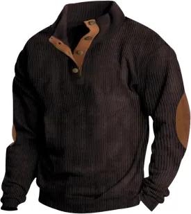 Men's Corduroy Sweatshirt Casual Long Sleeve Stand Collar 1/4 Button Up Sweaters Pullover