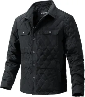 Men's Diamond Quilted Puffer Jacket Casual Fall Winter Shirts Snap Button Down Shirt Jackets for Men with Pockets