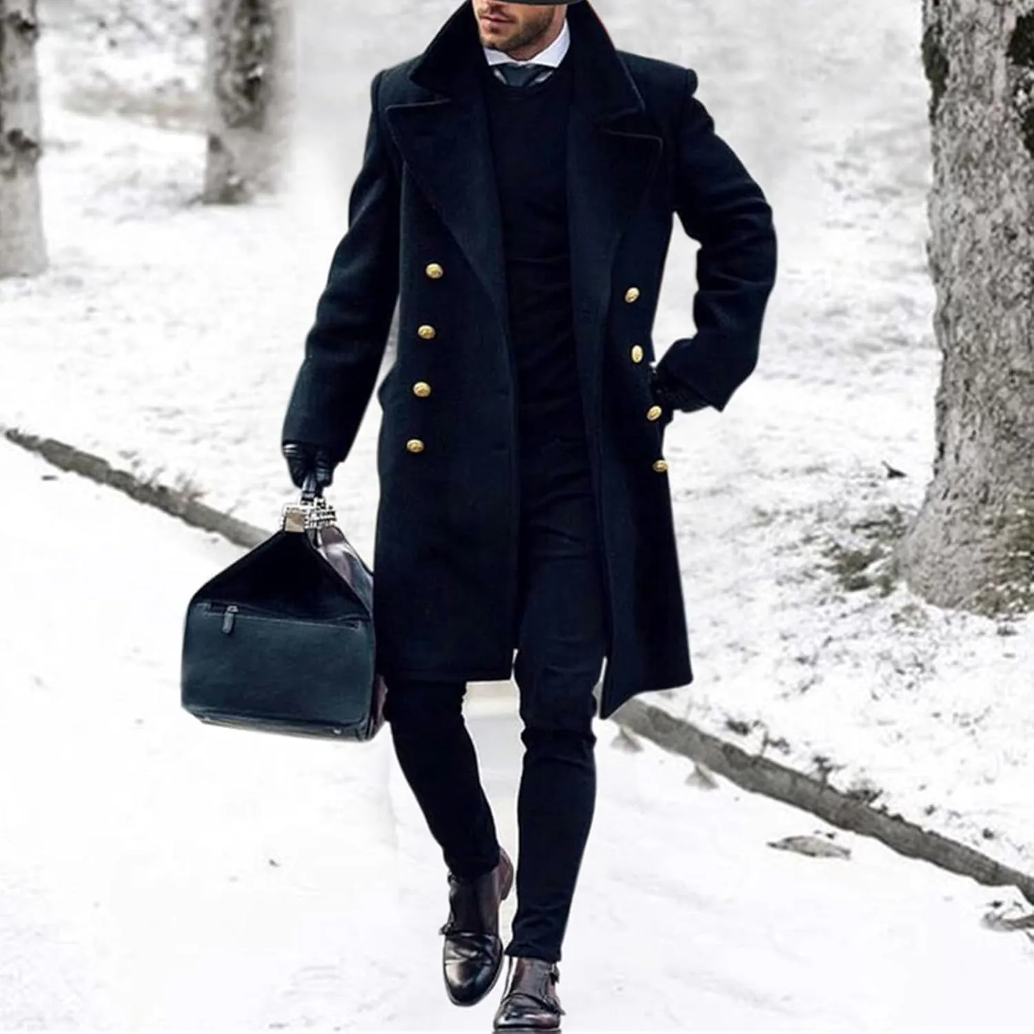 Mens Duffle Coat Wool Blend Single Breasted Walking Toggle Coats Mid Long Trench Coat with Hood for Big and Tall Men