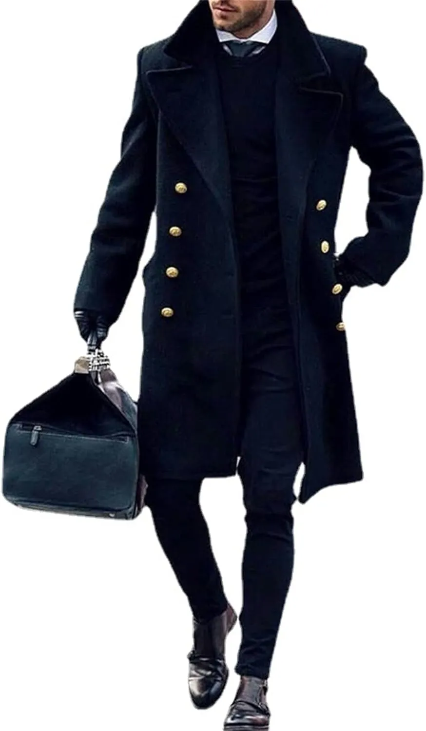 Mens Duffle Coat Wool Blend Single Breasted Walking Toggle Coats Mid Long Trench Coat with Hood for Big and Tall Men