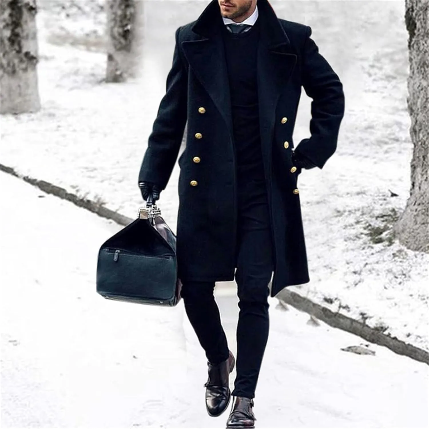 Mens Duffle Coat Wool Blend Single Breasted Walking Toggle Coats Mid Long Trench Coat with Hood for Big and Tall Men