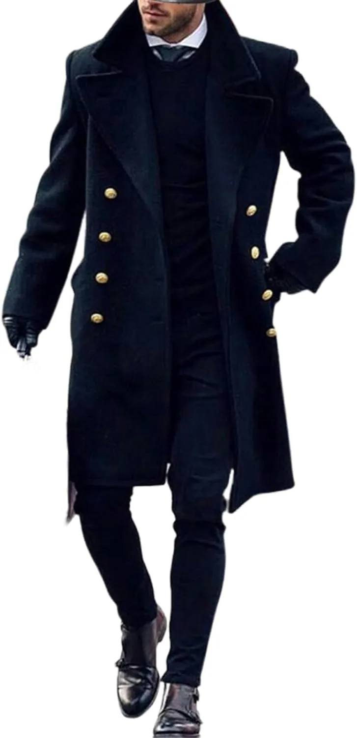 Mens Duffle Coat Wool Blend Single Breasted Walking Toggle Coats Mid Long Trench Coat with Hood for Big and Tall Men
