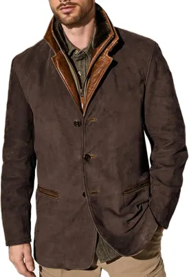 Mens Faux Suede Blazer Leather Suit Jacket Distressed Notch Lapel Buttons Sport Coat Zip Vintage Work Wear with Pockets