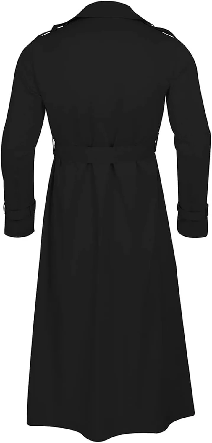 Mens Trench Coats Notched Lapel Double Breasted Full Length Windbreaker Casual Lightweight Thin Belt Jacket Overcoat