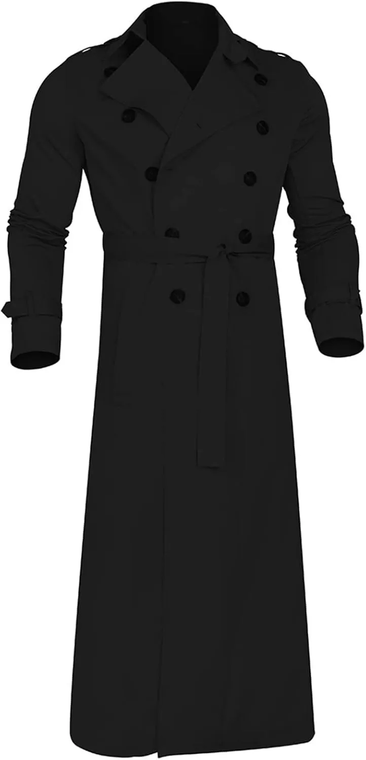 Mens Trench Coats Notched Lapel Double Breasted Full Length Windbreaker Casual Lightweight Thin Belt Jacket Overcoat