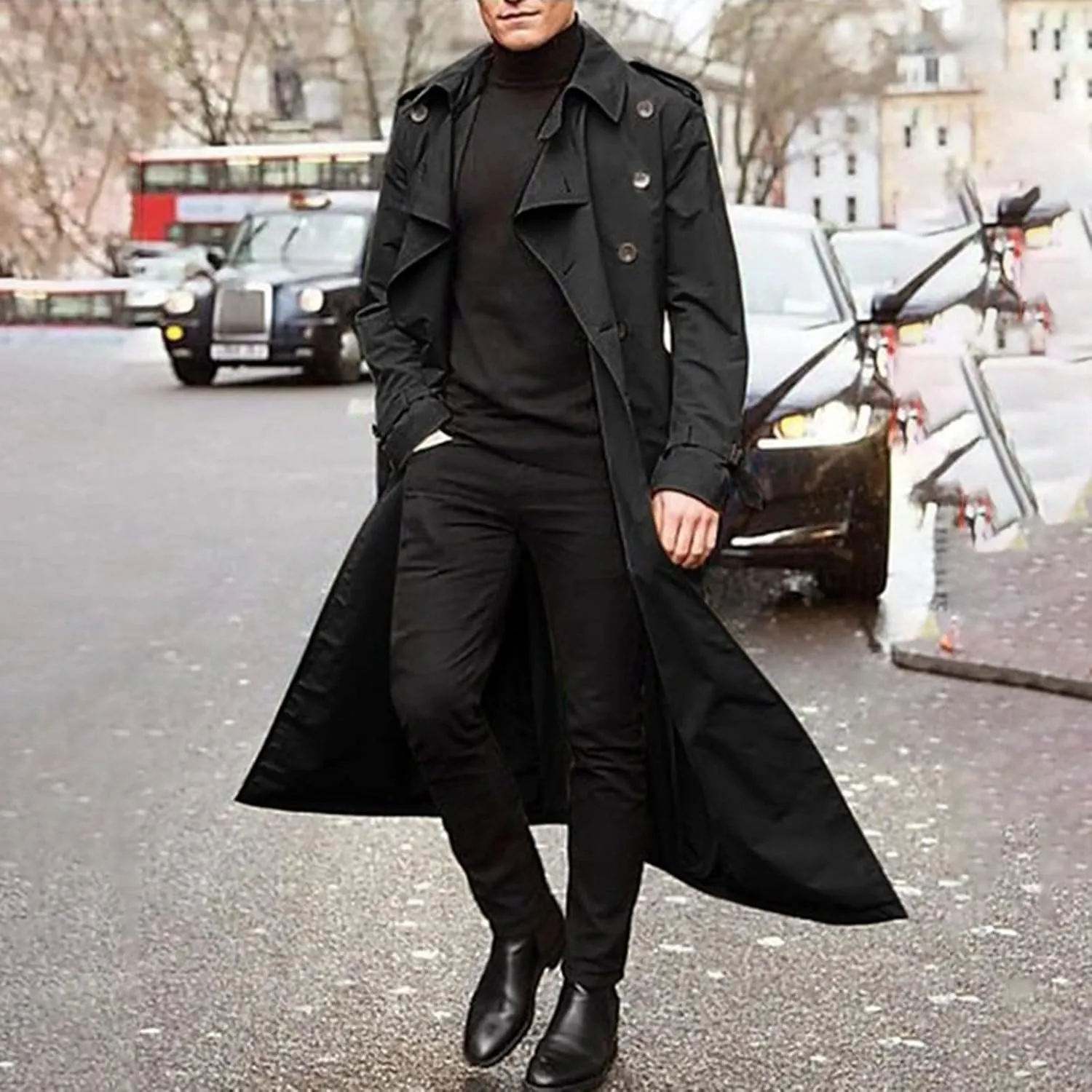 Mens Trench Coats Notched Lapel Double Breasted Full Length Windbreaker Casual Lightweight Thin Belt Jacket Overcoat