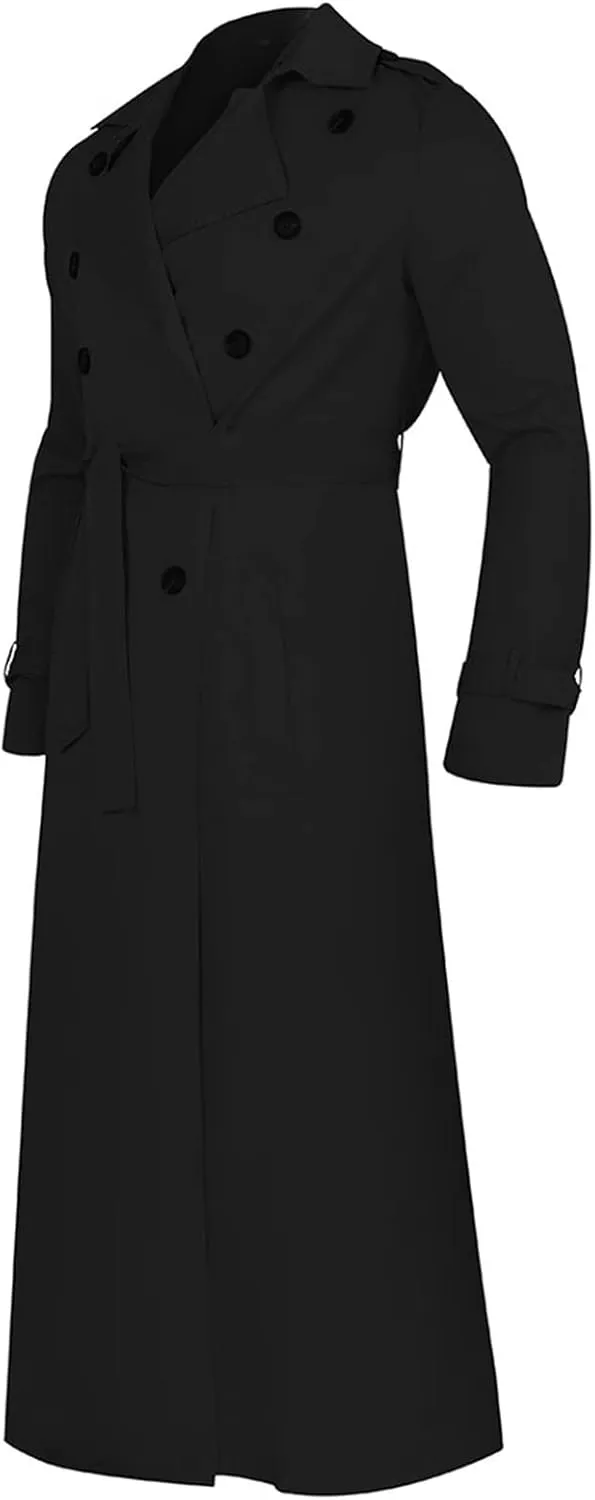 Mens Trench Coats Notched Lapel Double Breasted Full Length Windbreaker Casual Lightweight Thin Belt Jacket Overcoat