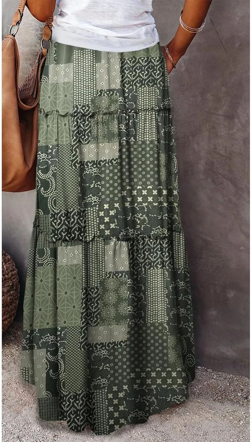 midelxp Pleated Long Skirts for Women Summer Casual Elastic High Waisted Skirts A-Line Flowy Swing Maxi Skirt with Pockets
