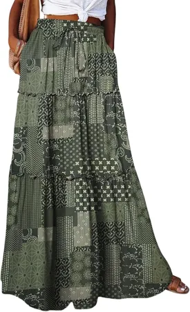 midelxp Pleated Long Skirts for Women Summer Casual Elastic High Waisted Skirts A-Line Flowy Swing Maxi Skirt with Pockets