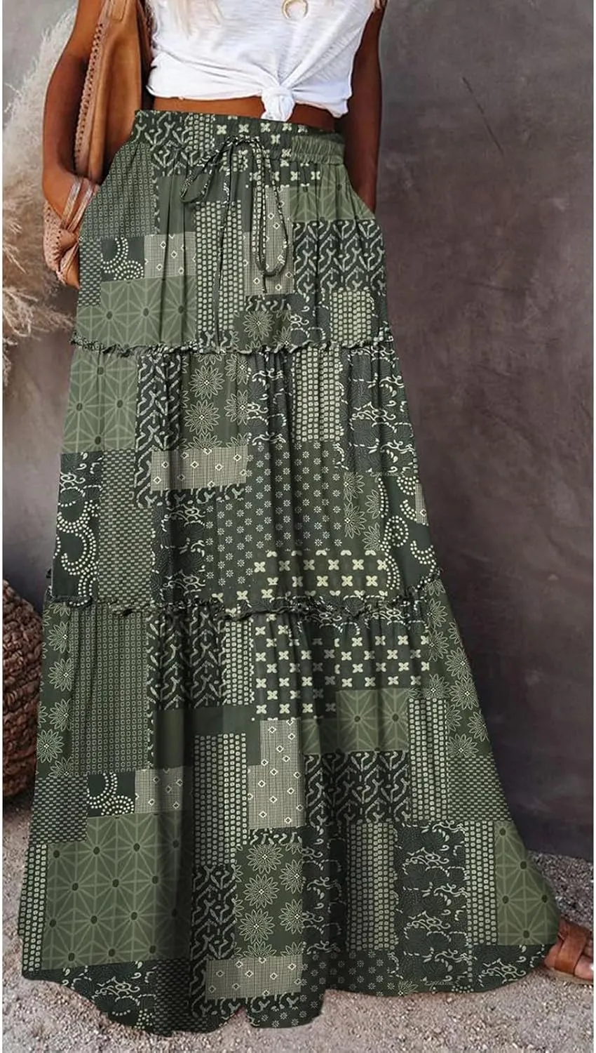 midelxp Pleated Long Skirts for Women Summer Casual Elastic High Waisted Skirts A-Line Flowy Swing Maxi Skirt with Pockets