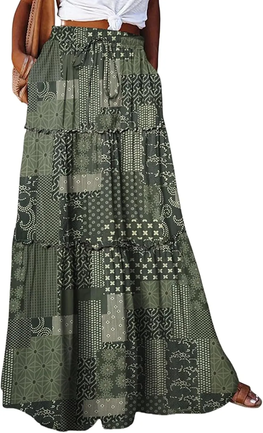 midelxp Pleated Long Skirts for Women Summer Casual Elastic High Waisted Skirts A-Line Flowy Swing Maxi Skirt with Pockets