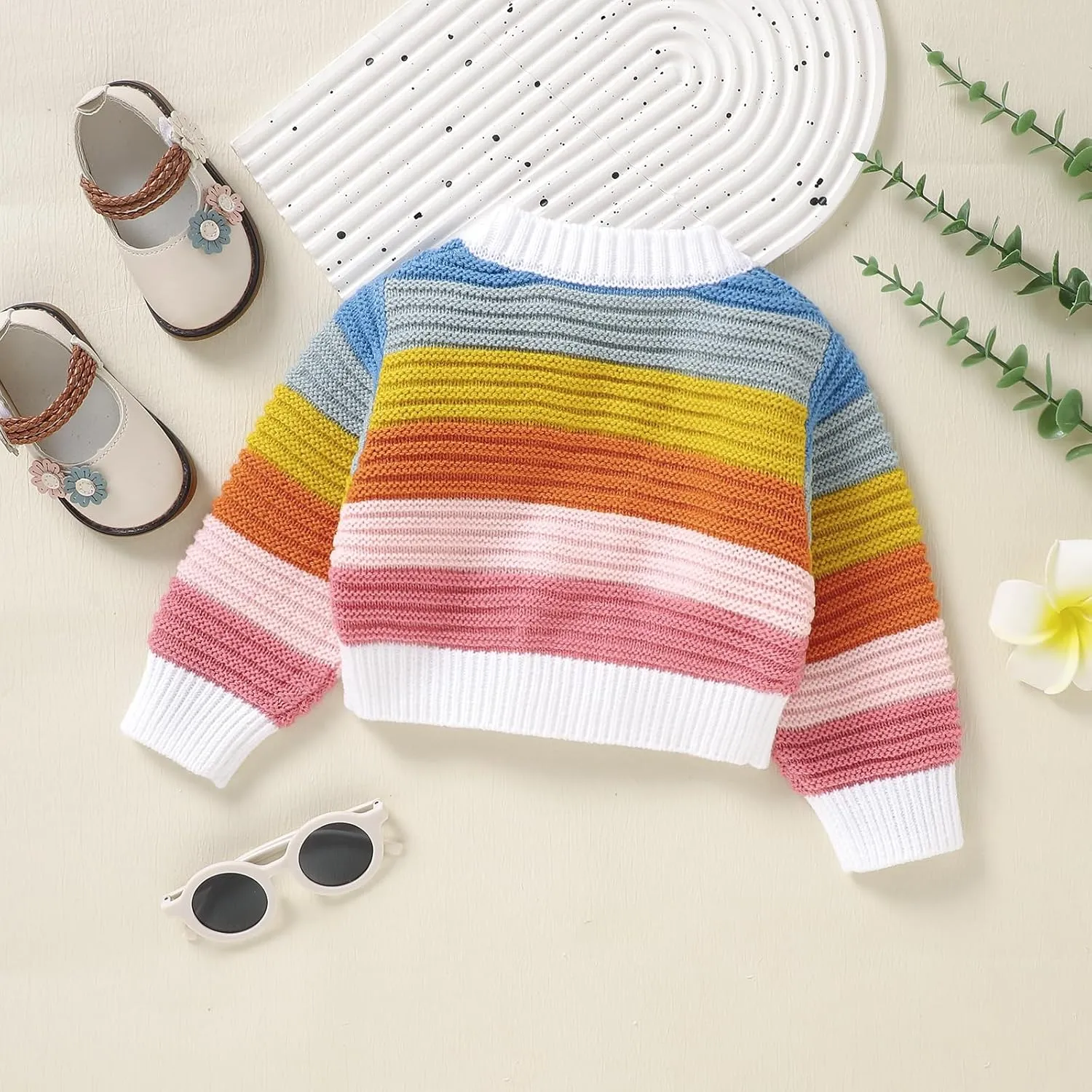 Newborn Baby Girls Cardigan Sweater Knitted Rainbow Striped Long Sleeve Jacket Warm Outerwear Winter Clothes