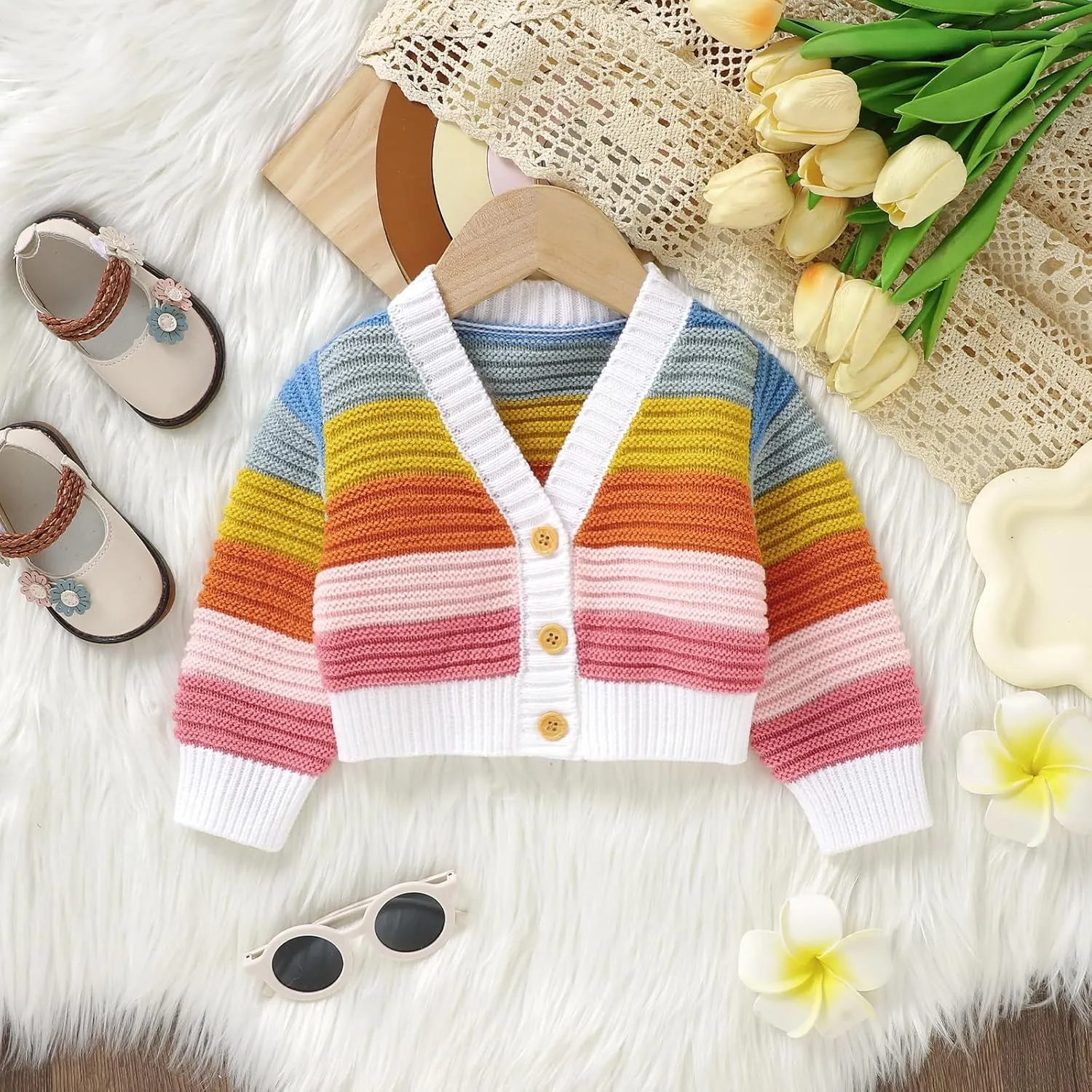 Newborn Baby Girls Cardigan Sweater Knitted Rainbow Striped Long Sleeve Jacket Warm Outerwear Winter Clothes