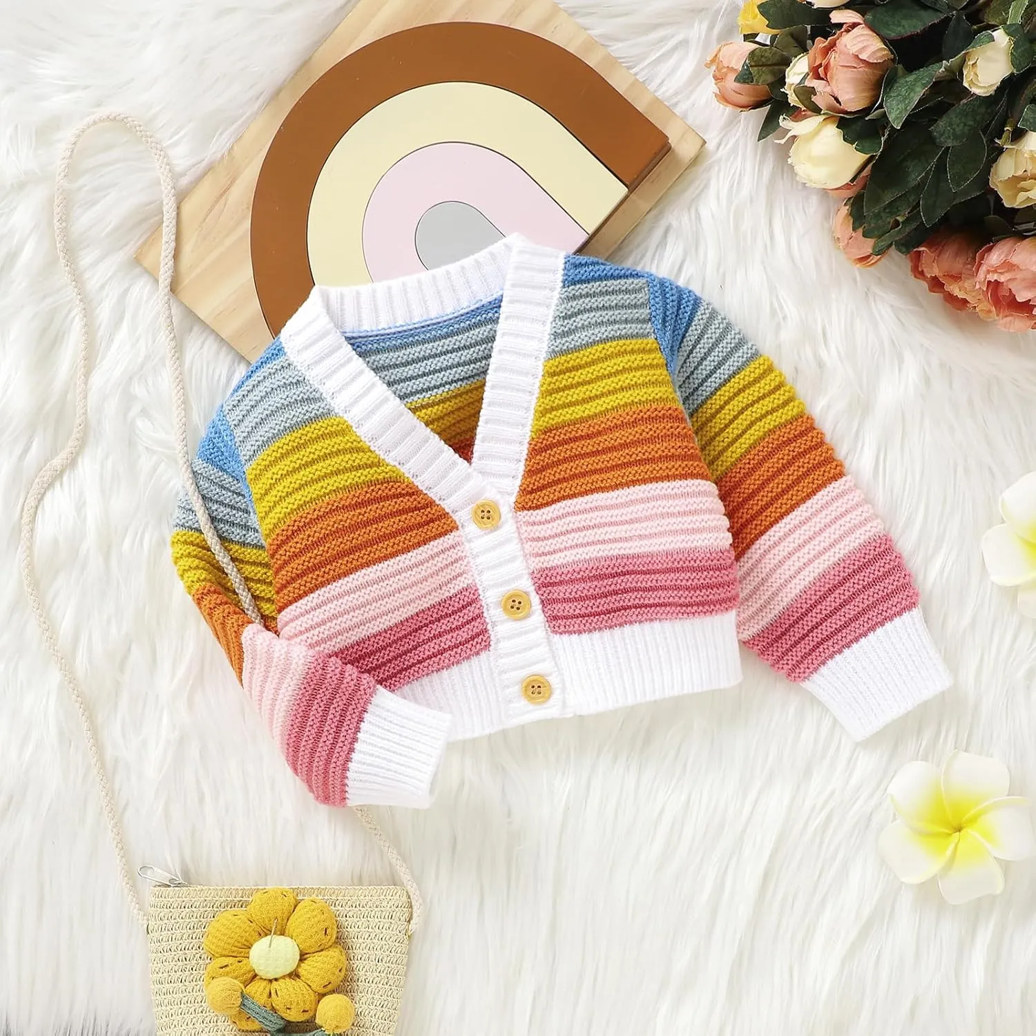 Newborn Baby Girls Cardigan Sweater Knitted Rainbow Striped Long Sleeve Jacket Warm Outerwear Winter Clothes