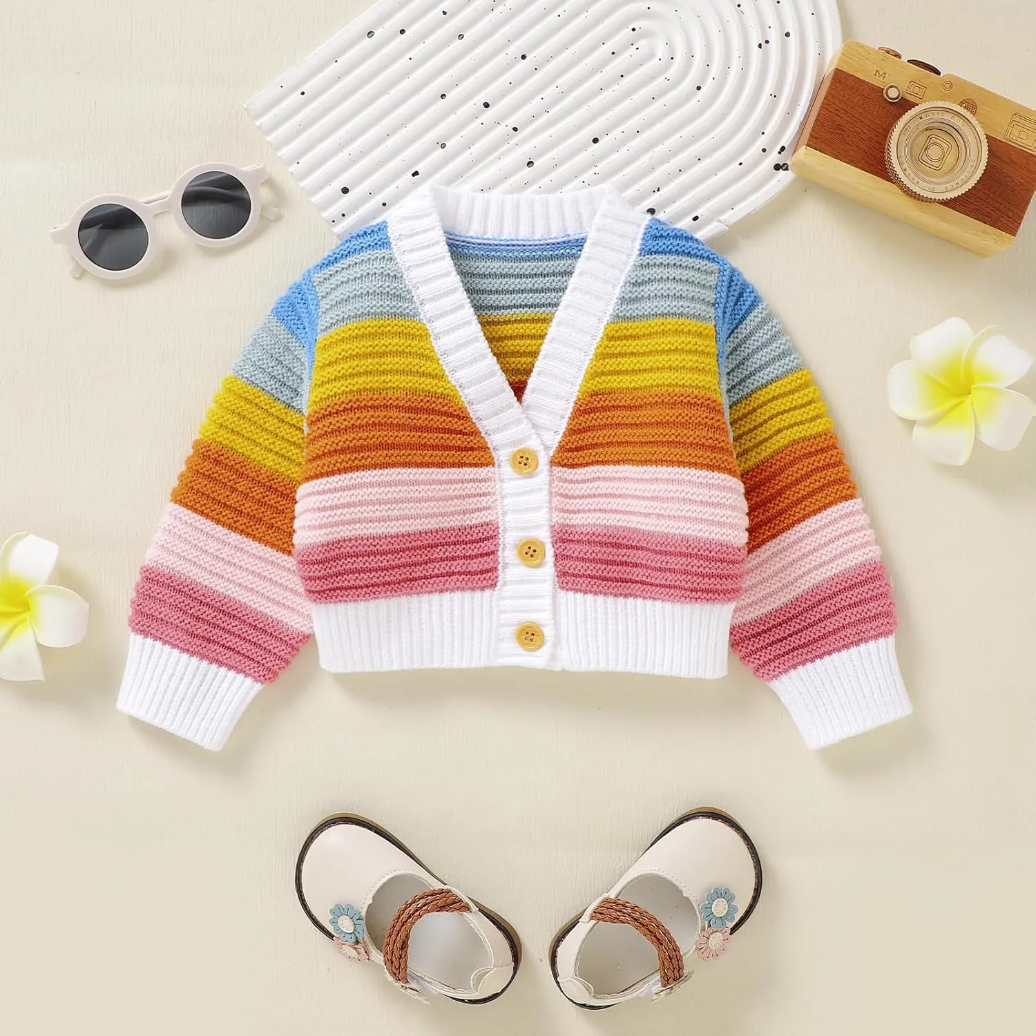 Newborn Baby Girls Cardigan Sweater Knitted Rainbow Striped Long Sleeve Jacket Warm Outerwear Winter Clothes