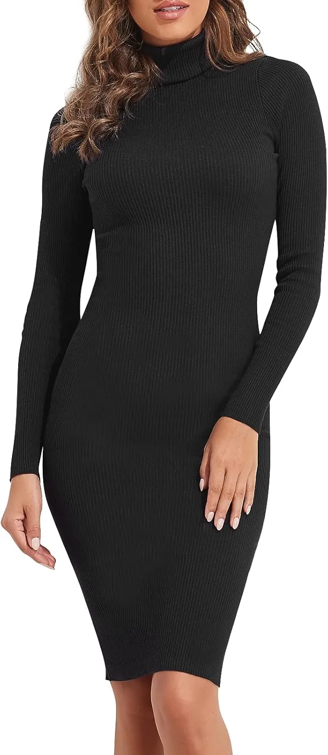 PrettyGuide Women's Turtleneck Sweater Dress Long Sleeve Ribbed Knit Stretch Midi Bodycon Dresses