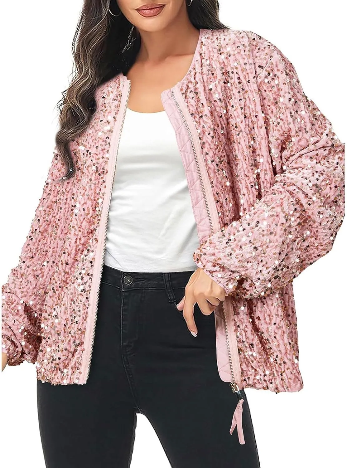 Sequin Jackets for Women Casual Sparkly Zip Up Bomber Jacket Dressy Glitter Loose Coat Outerwear Blazer Party Outfit